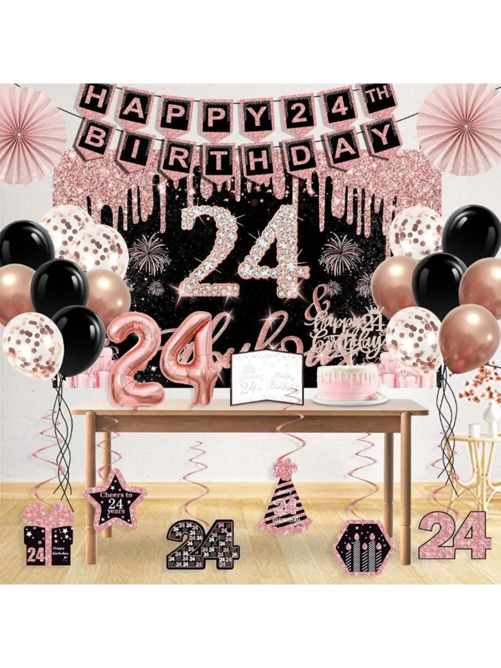 24th Birthday Party Decorations Set - Backdrop, Crown, Sash, Balloons & More!